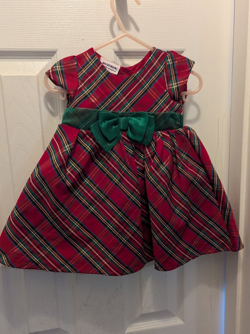 Blueberi Boulevard Baby Girls' Red Plaid Holiday Dress with Green Bow
